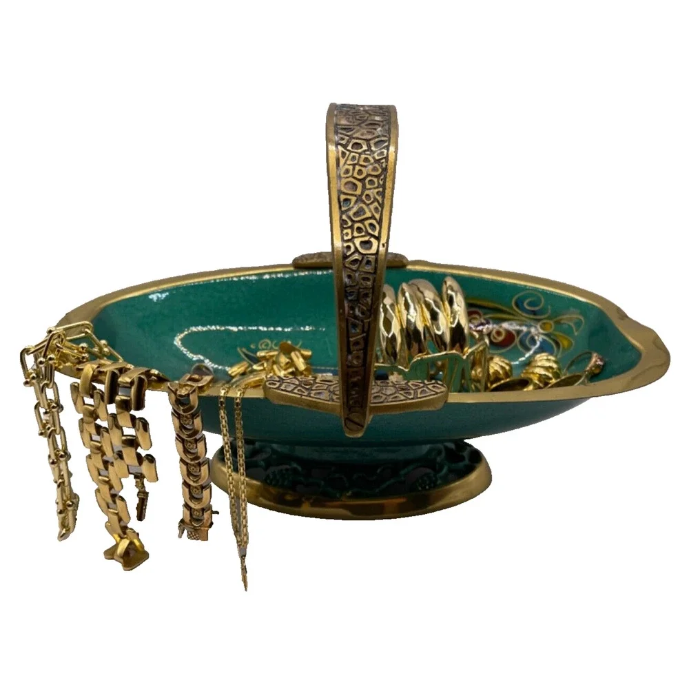 Vintage 1960s Brass Turquoise Enamel Basket With Handle Signed Made in Israel